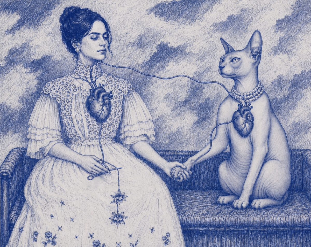 Original illustration of Ronit and Ruth, her cat, seated on a bench, joined by a thread between their hearts