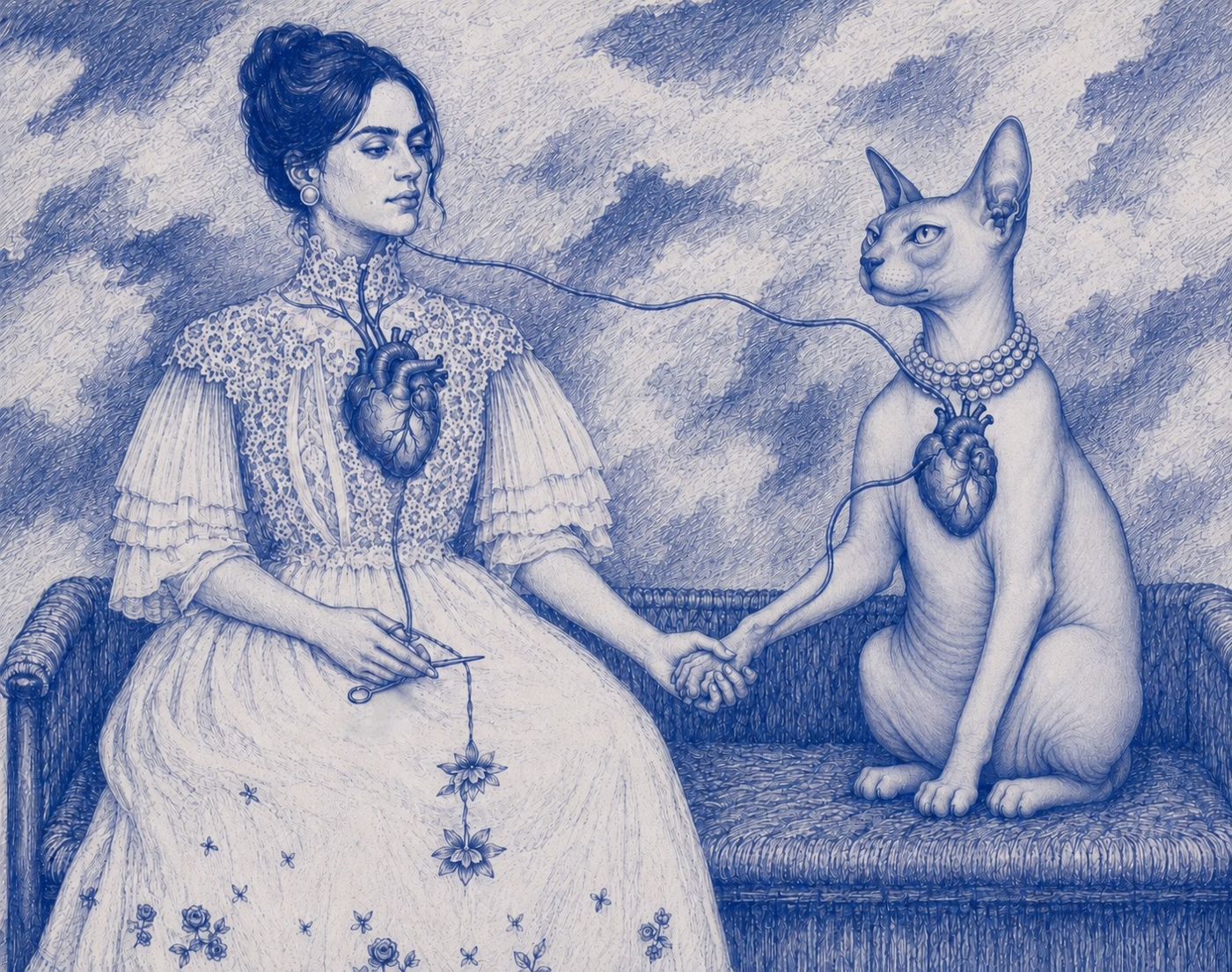 Original illustration of Ronit Warman with Ruth, her cat, holding hands on a bench, joined by a thread between their hearts